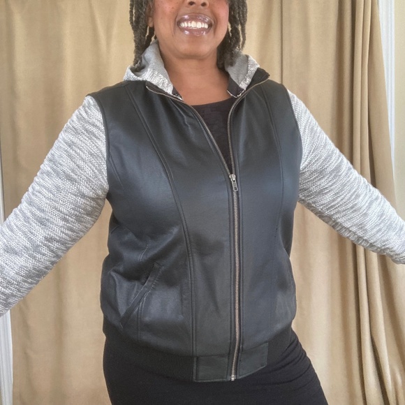 Torrid Black Faux Leather & Marled Grey Terry Bomber Jacket, 1X (14/16) - Picture 2 of 16